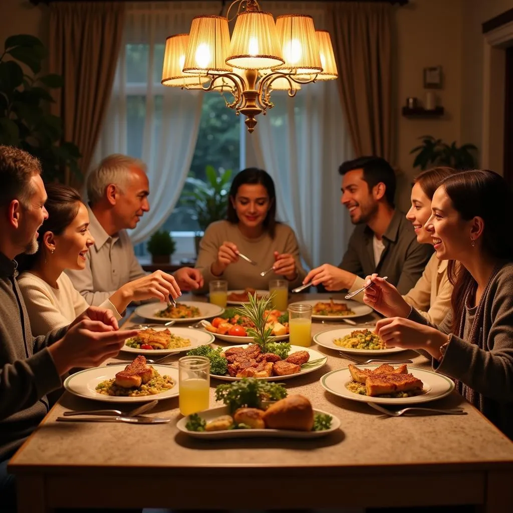 Pakistani family enjoying a meal prepared with olive oil