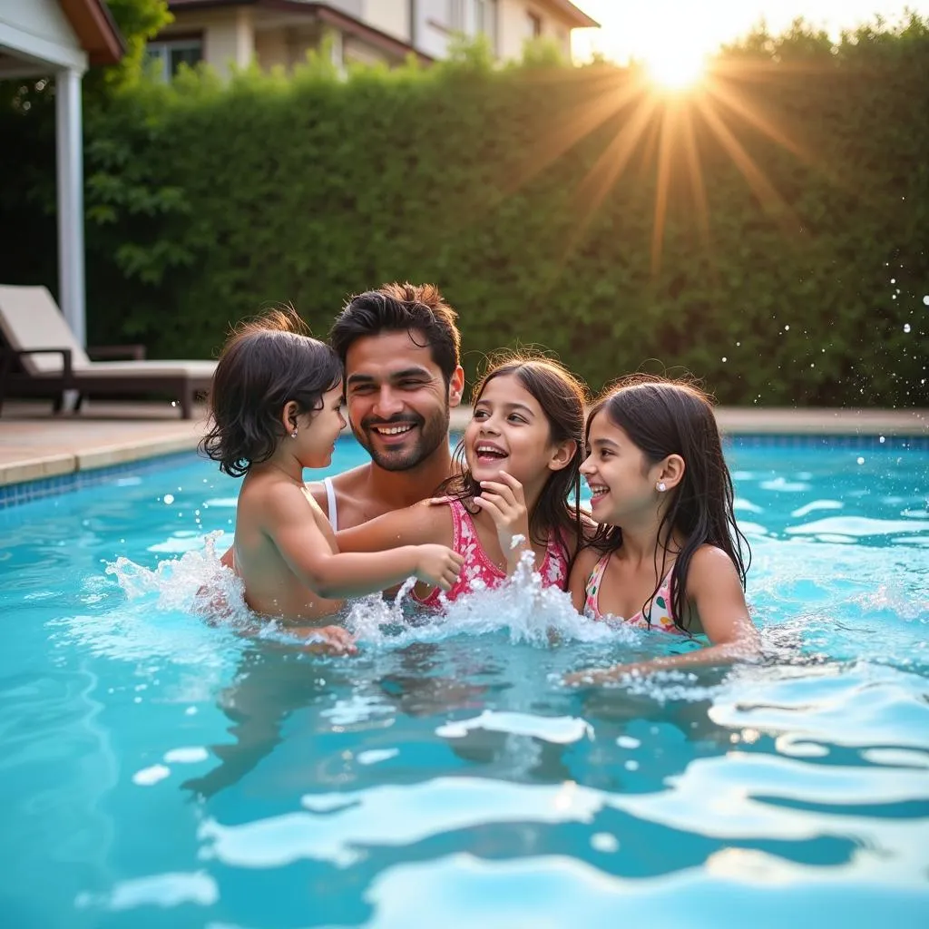 Pakistani Family Enjoying Their Backyard Pool