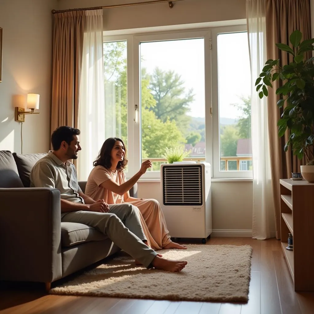 A Pakistani family enjoys the cool air from their United air cooler