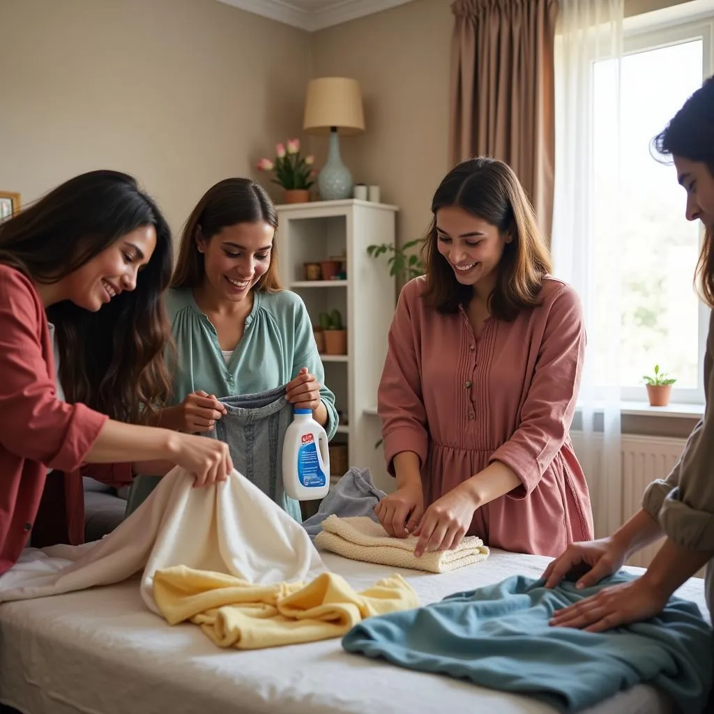 Pakistani Family Folding Fresh Laundry