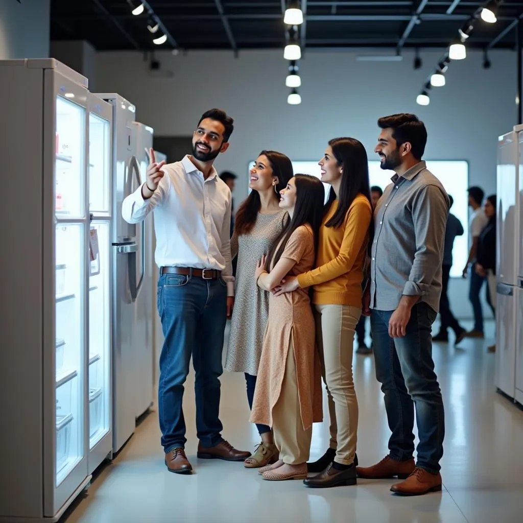 A Pakistani family shopping for a Haier HRF 216 refrigerator in an appliance store.