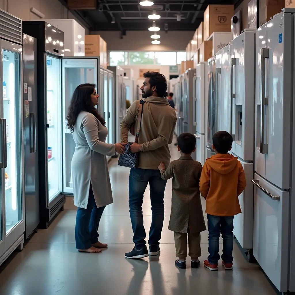 Pakistani Family Browsing Homage Refrigerators in an Appliance Store