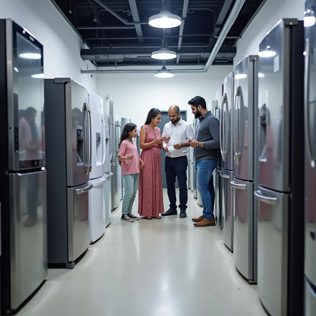 Pakistani Family Comparing Refrigerators in a Store