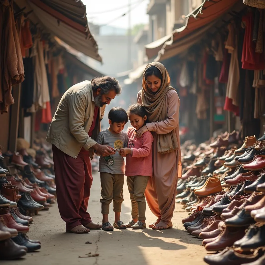 A Pakistani family shopping for shoes together in a market