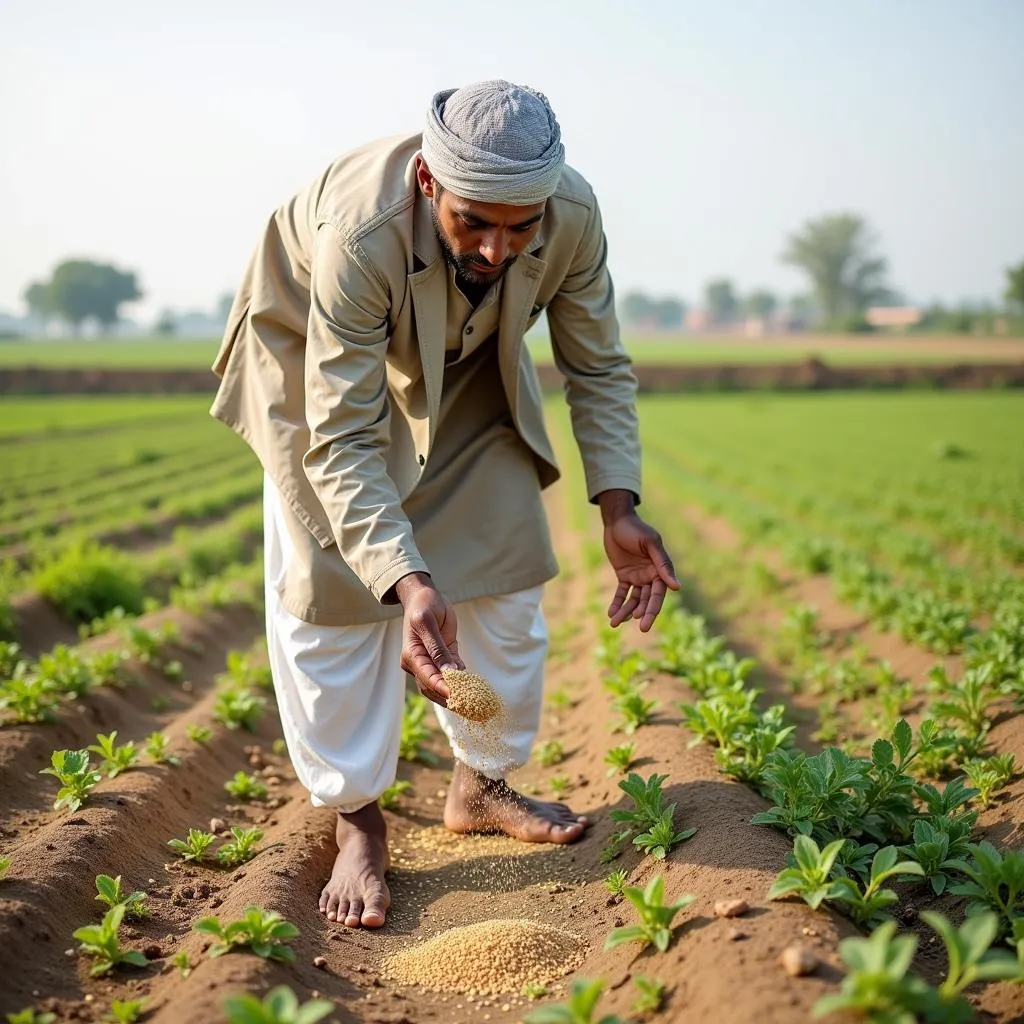 Pakistani Farmer Applying DAP Fertilizer