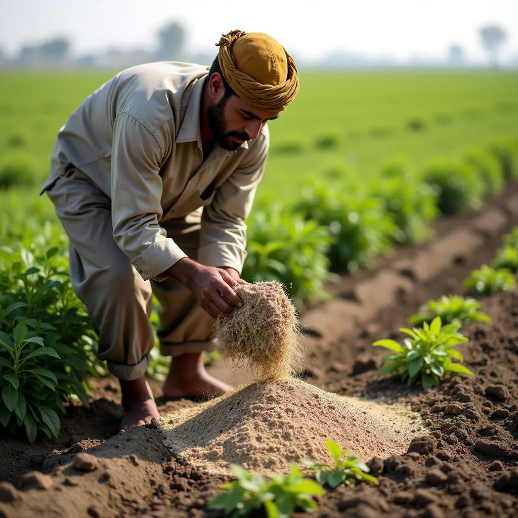 Pakistani Farmer Applying Urea Fertilizer