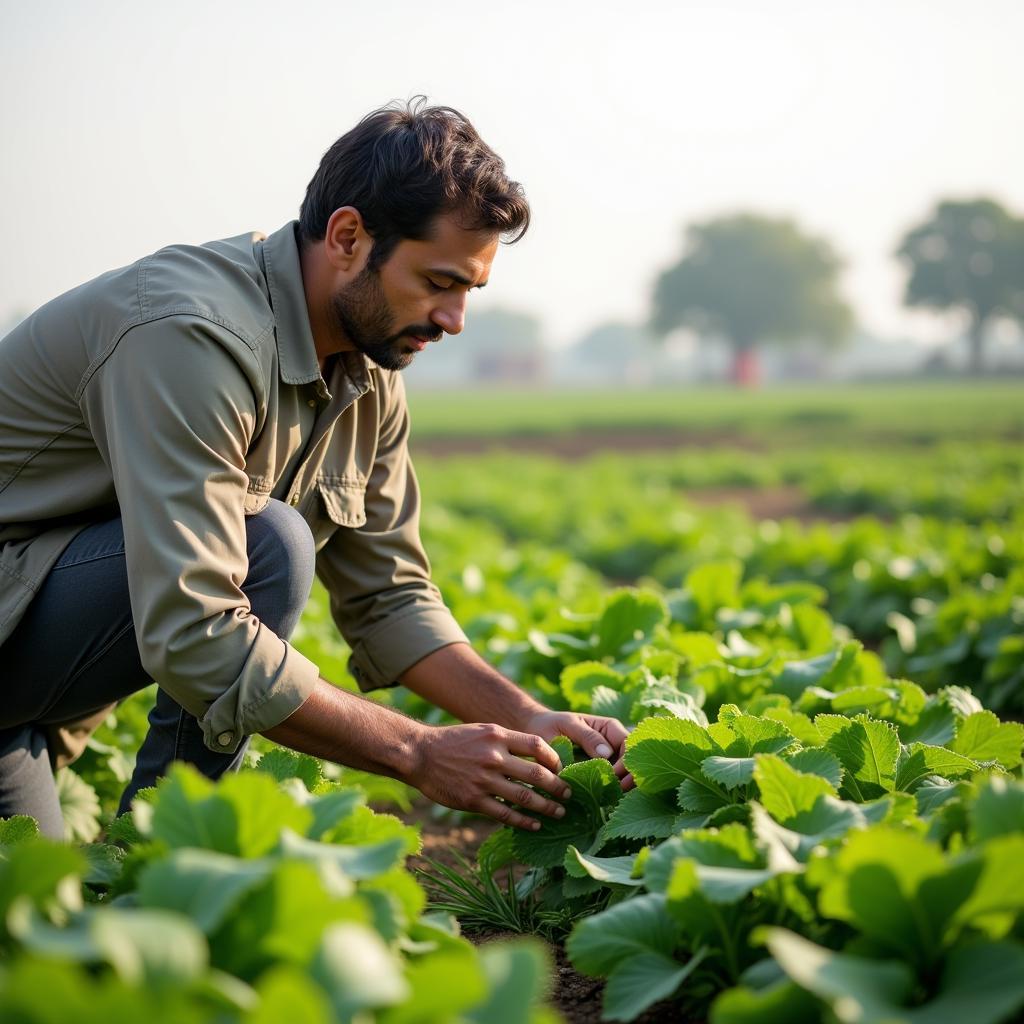 Pakistani farmer inspecting crops after glyphosate application