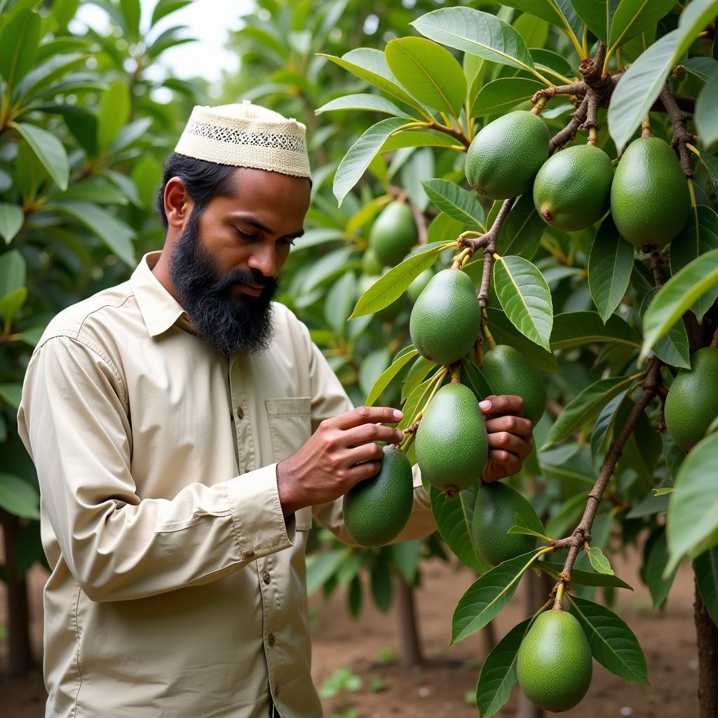 Pakistani farmer examining an avocado plant