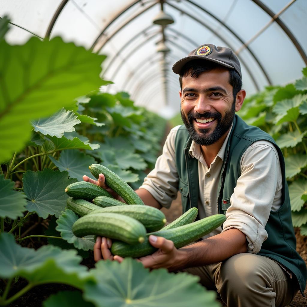 Pakistani farmer harvesting cucumbers