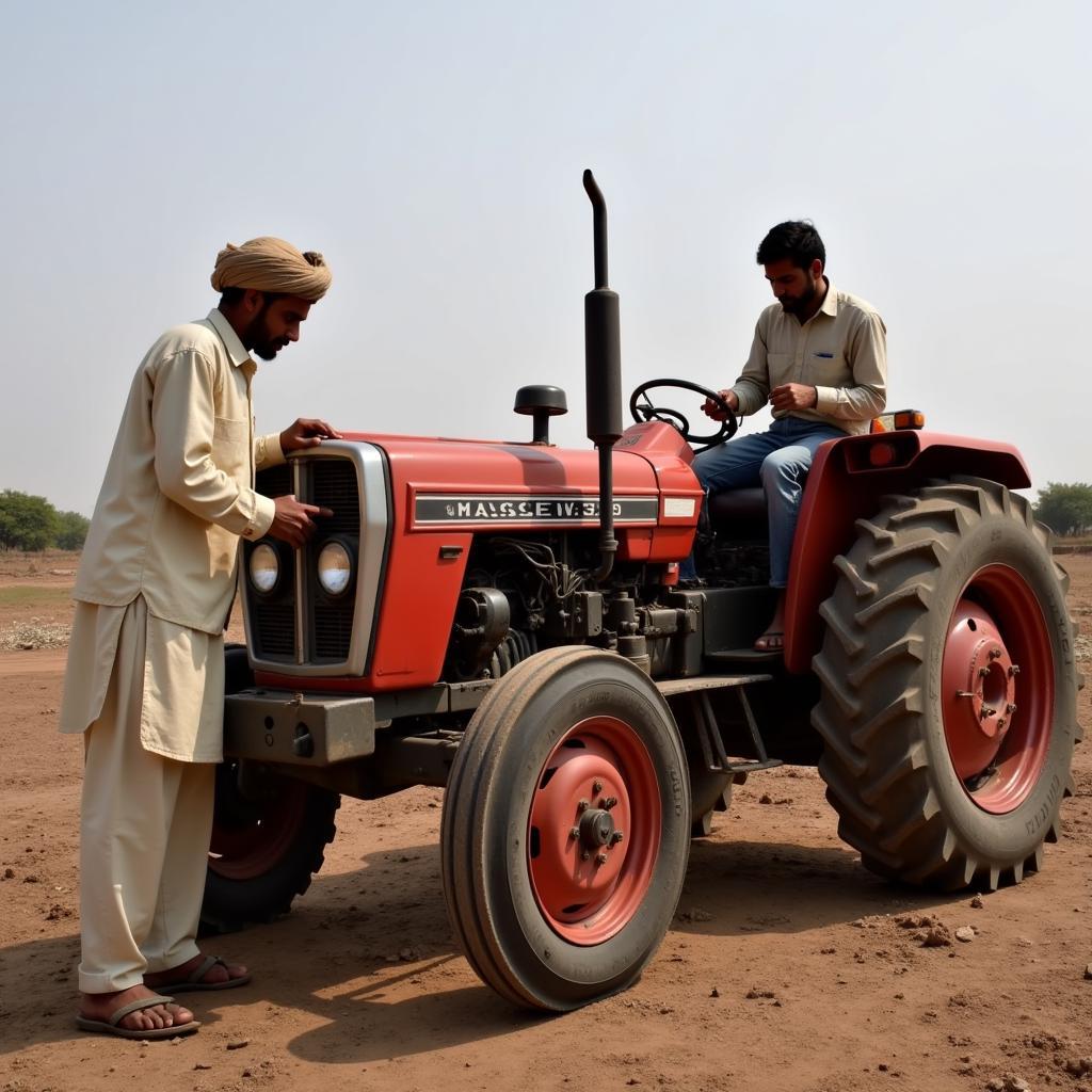 Pakistani farmer carefully inspecting a Massey 240 tractor