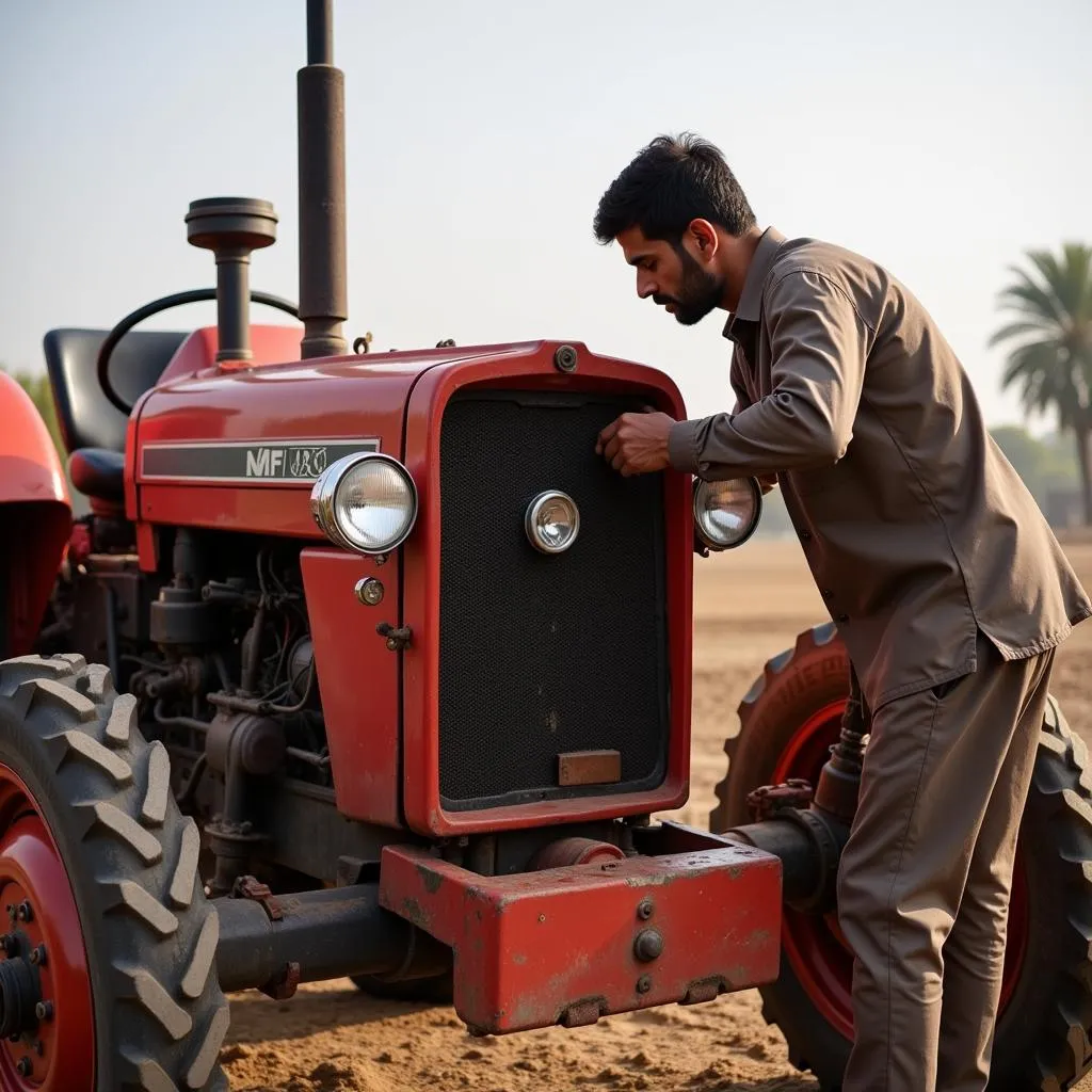 Pakistani farmer examining the engine of an MF 360 tractor