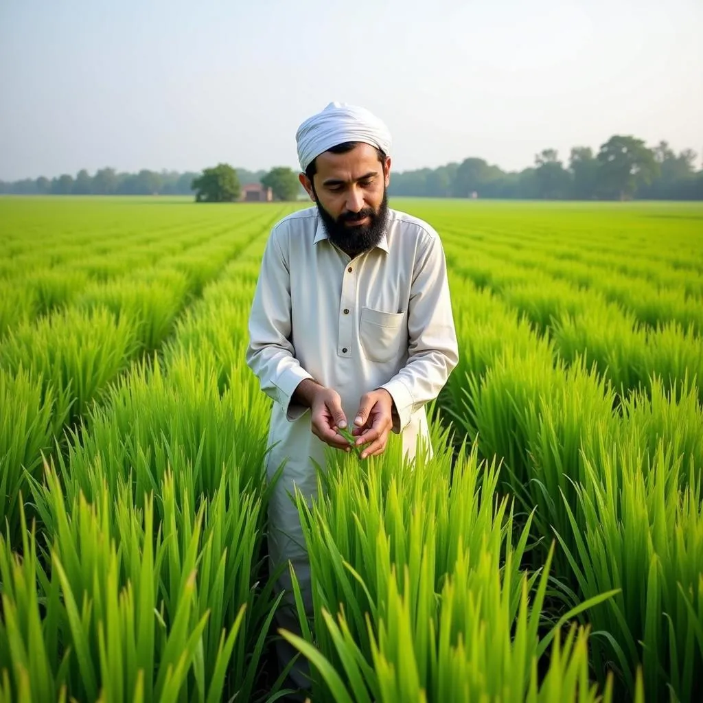 Pakistani farmer inspecting his lush green rice field