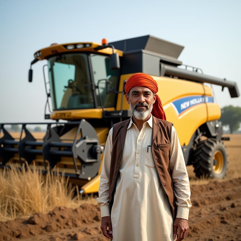 A Pakistani farmer stands proudly beside his New Holland Harvester 8070.