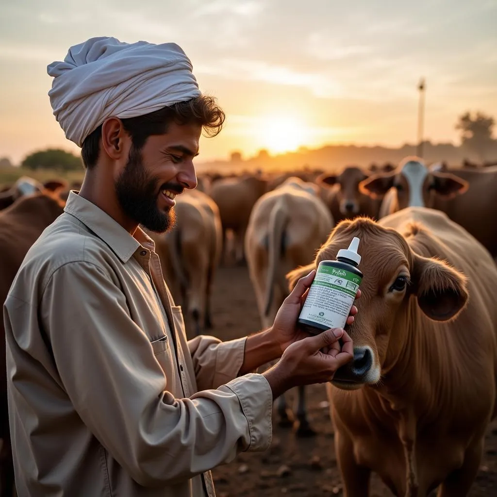 Pakistani farmer administering Vetafarm product to their livestock