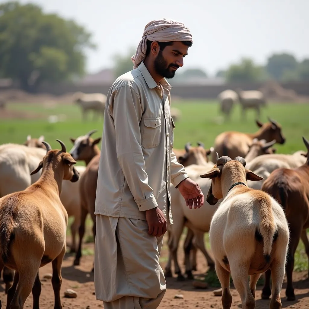 Pakistani farmer tending to goats