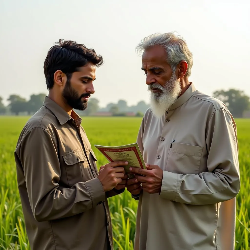 Pakistani farmers engaged in a discussion about hybrid rice seed