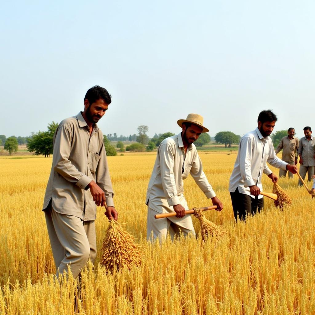 Pakistani farmers harvesting finger millet in a field