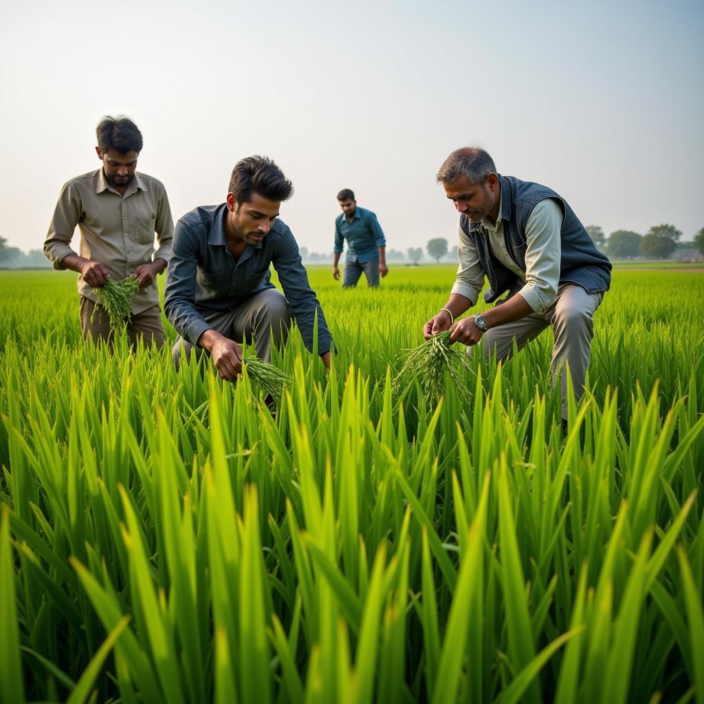 Pakistani farmers harvesting hybrid rice in a lush green field