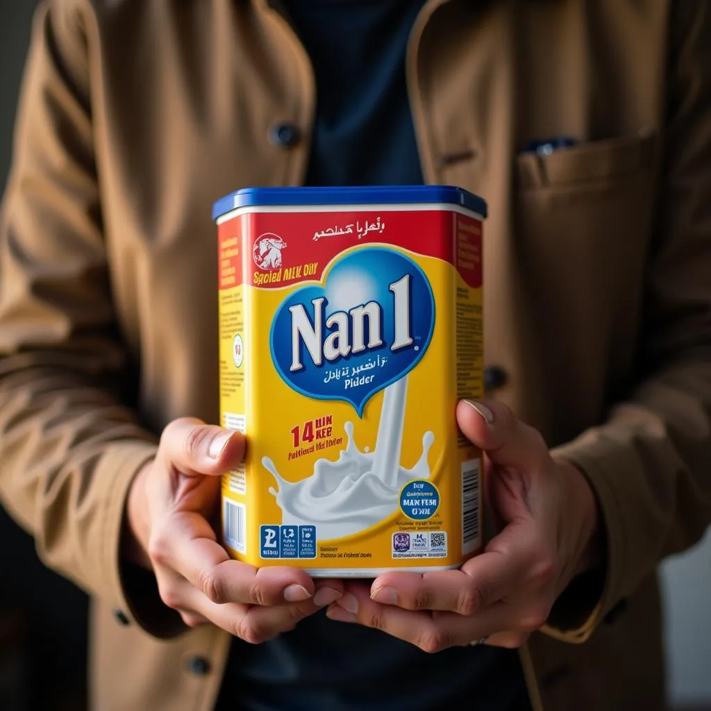 A Pakistani father holding a tin of Nan 1 milk