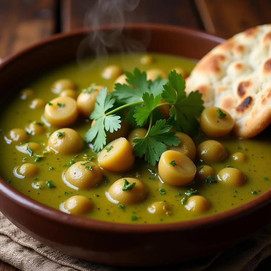 Pakistani fava bean curry served with naan bread