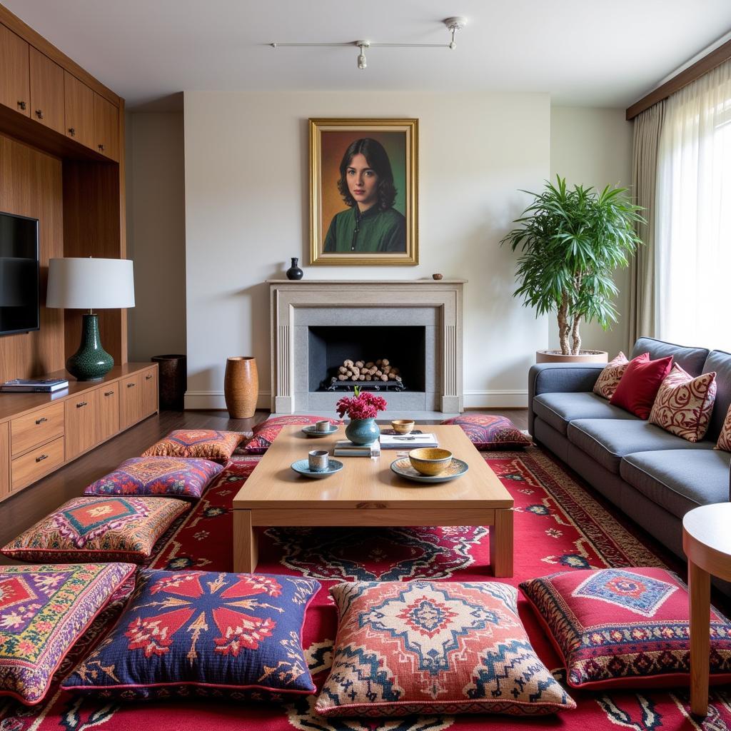 Vibrant Pakistani Floor Cushions in a Modern Living Room