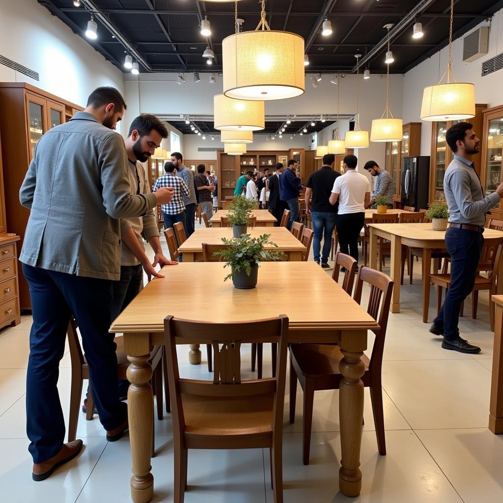 Customers browsing 6-seater dining tables in a Pakistani furniture showroom