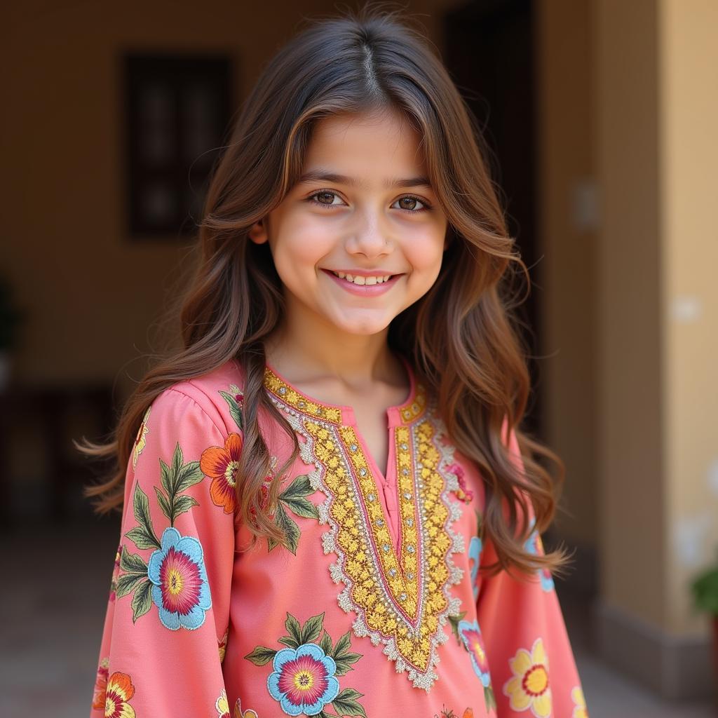 Young Pakistani girl wearing a floral Eid dress with traditional embroidery