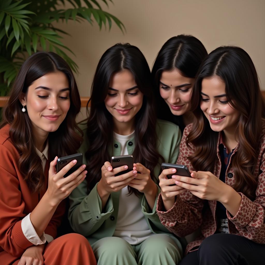 Young Pakistani women engaged on their smartphones