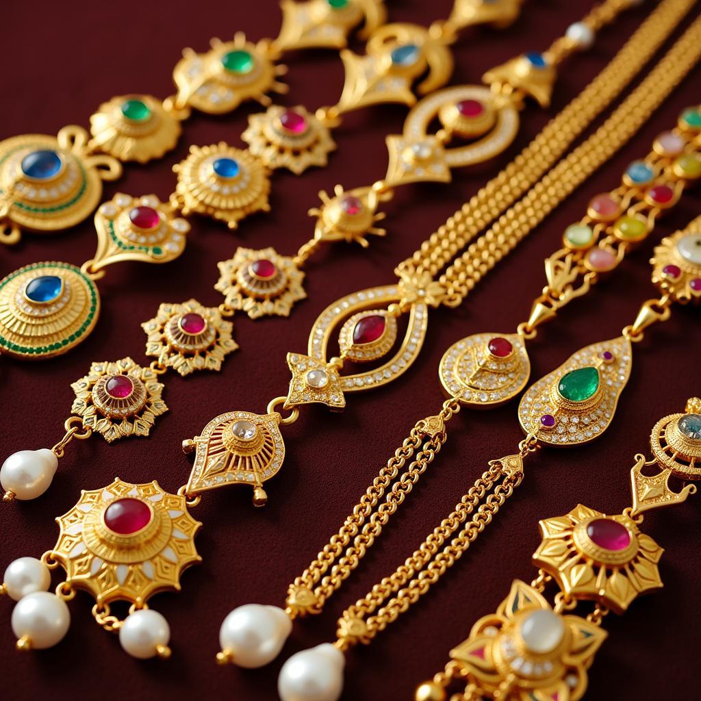 Pakistani gold mala set designs showcasing intricate craftsmanship and precious stones.