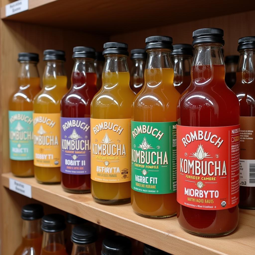 Kombucha bottles on display in a Pakistani store