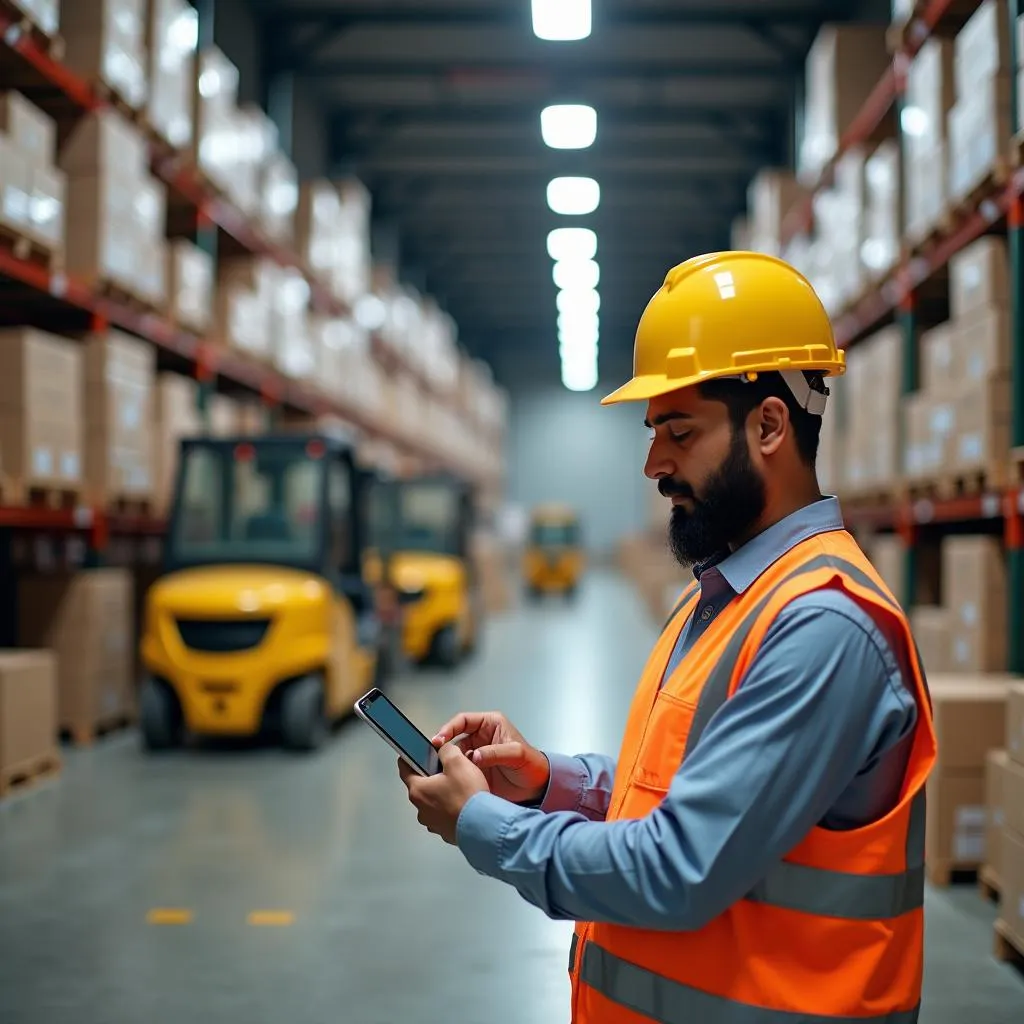 Pakistani logistics professional at work in a warehouse