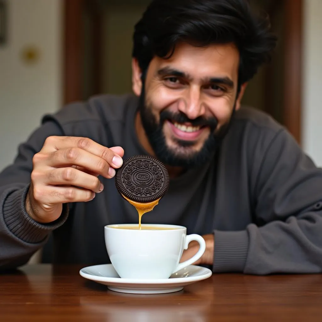 A Pakistani Man Enjoys Oreo Biscuits with a Cup of Tea