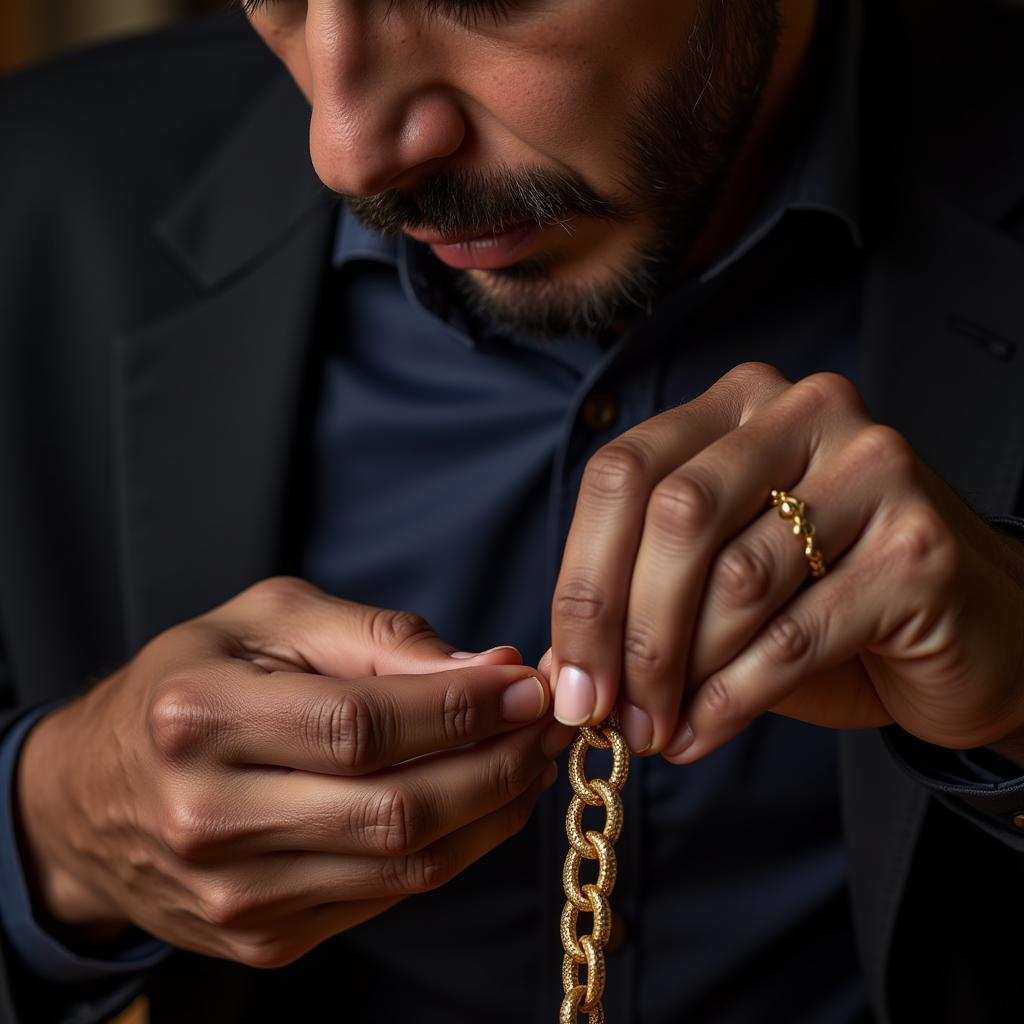 Close-up of a Pakistani man inspecting the hallmark on a chandi chain