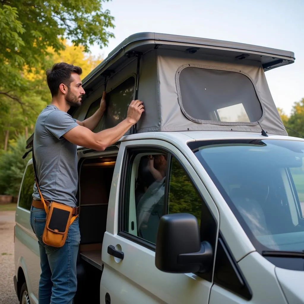 Man installing flexible solar panel on camper van in Pakistan