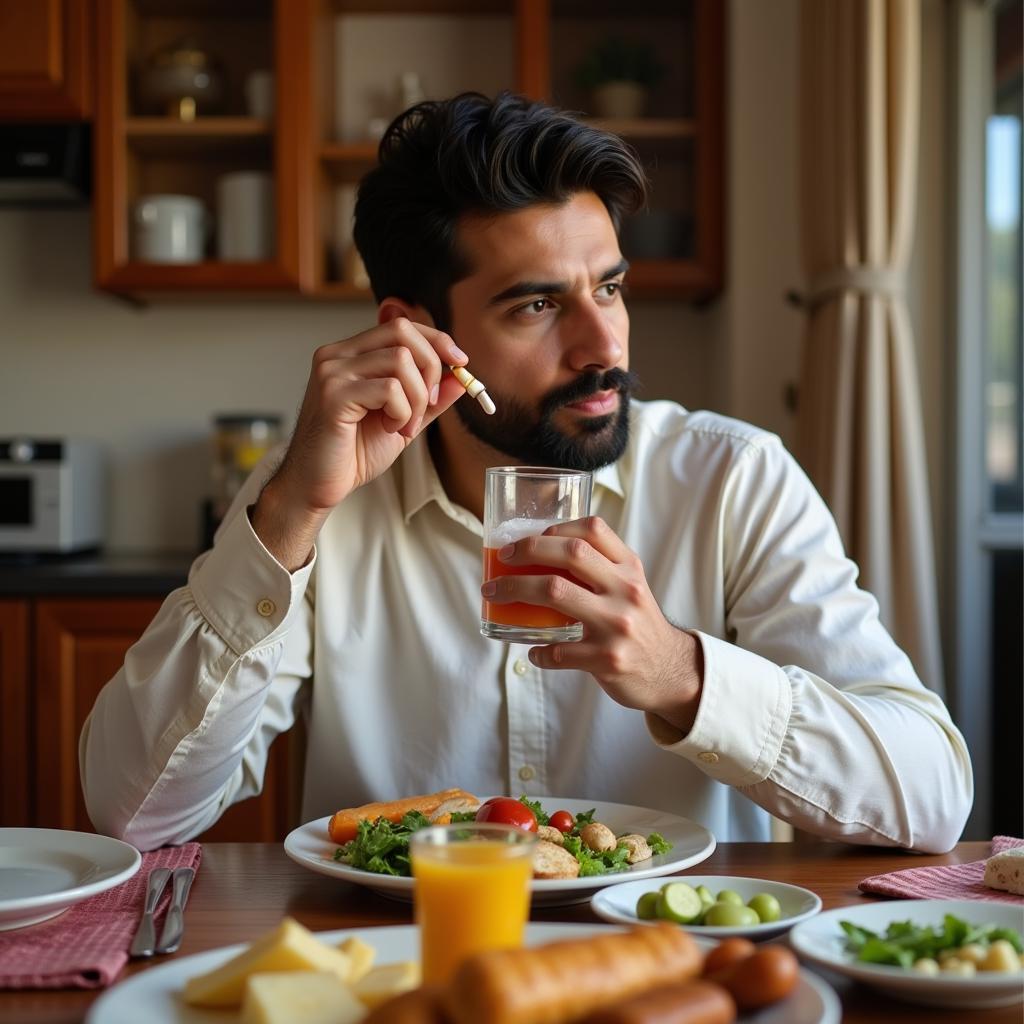 Pakistani Man Taking a Multivitamin with Water