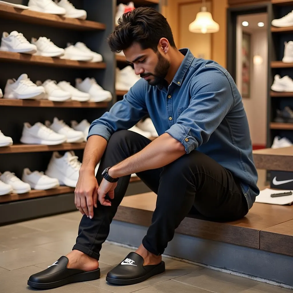 Pakistani man trying on Nike slippers in a store