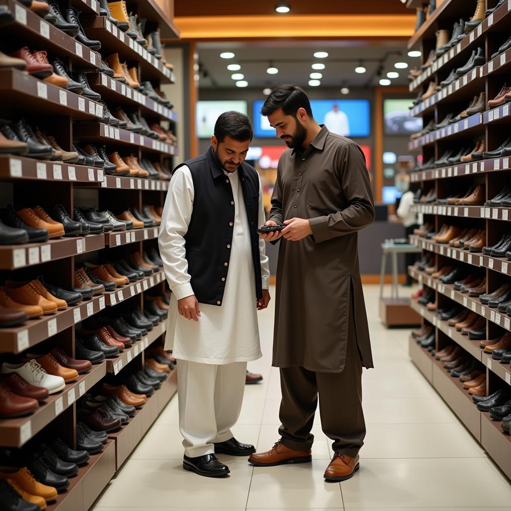 Pakistani Man Trying on Shoes in a Store