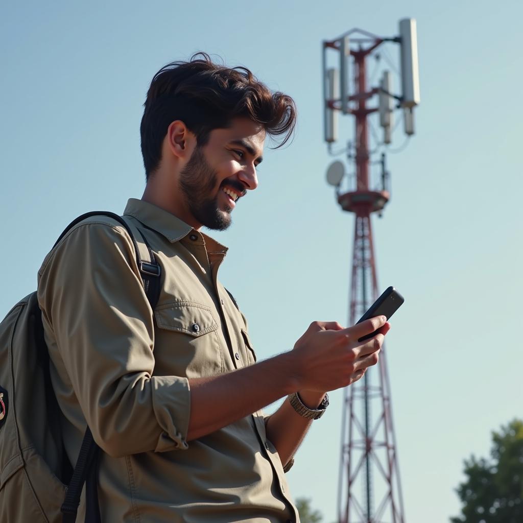 A Pakistani man enjoying strong cell phone signal