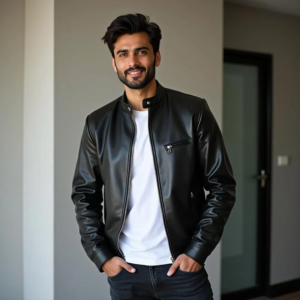 Pakistani man sporting a stylish leather jacket