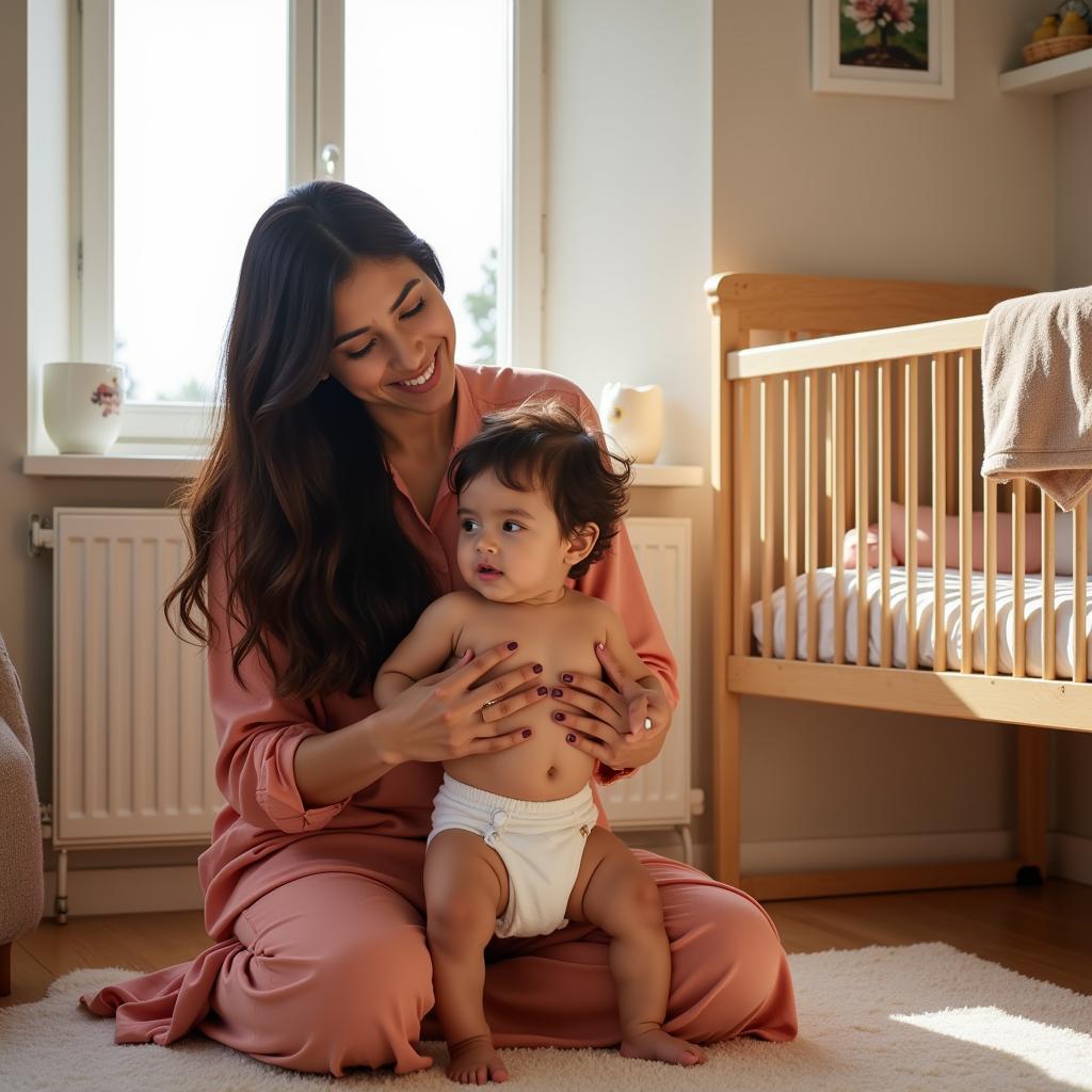 Pakistani Mother Using Cloth Diaper on Baby