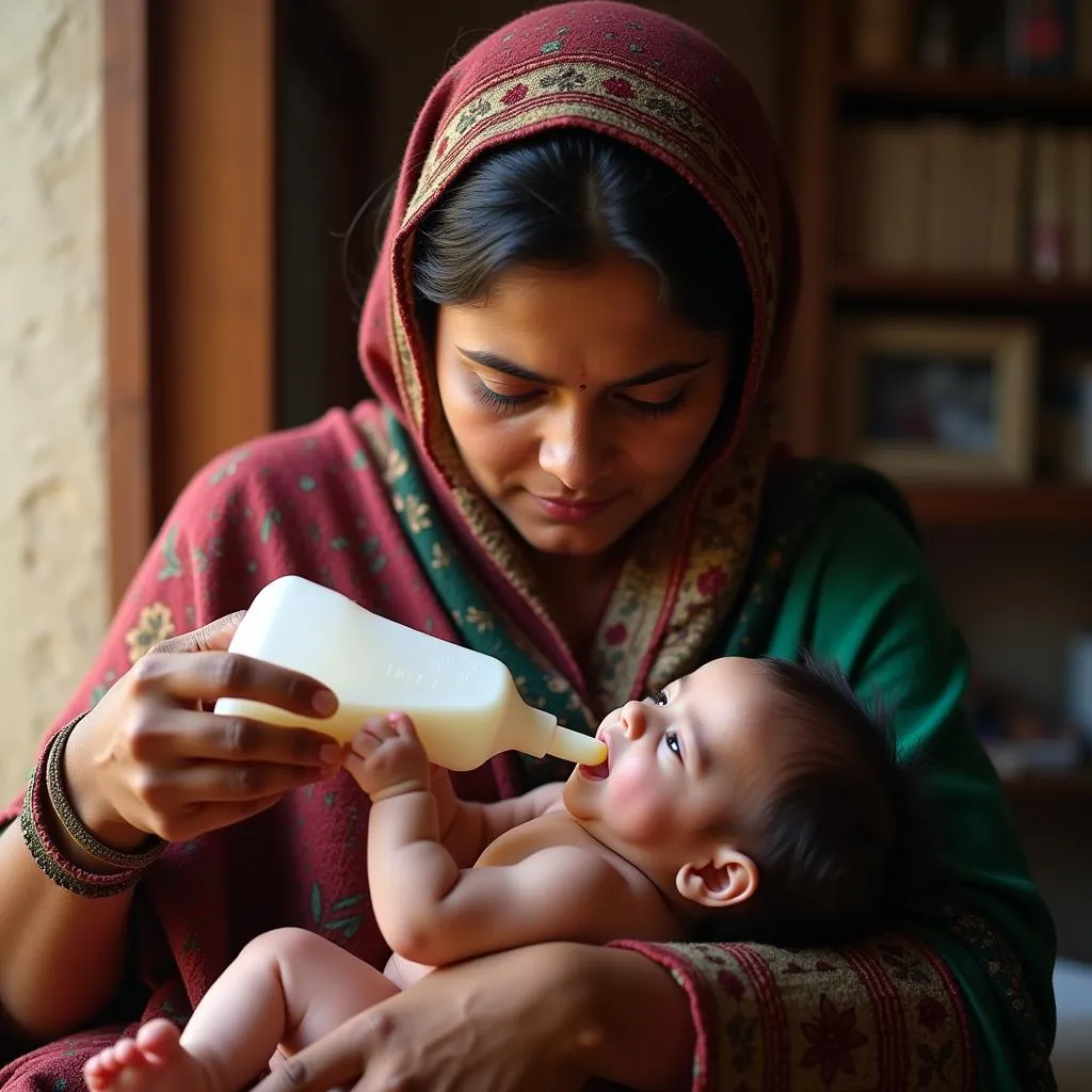 A Pakistani mother feeding her baby Nan 1 milk