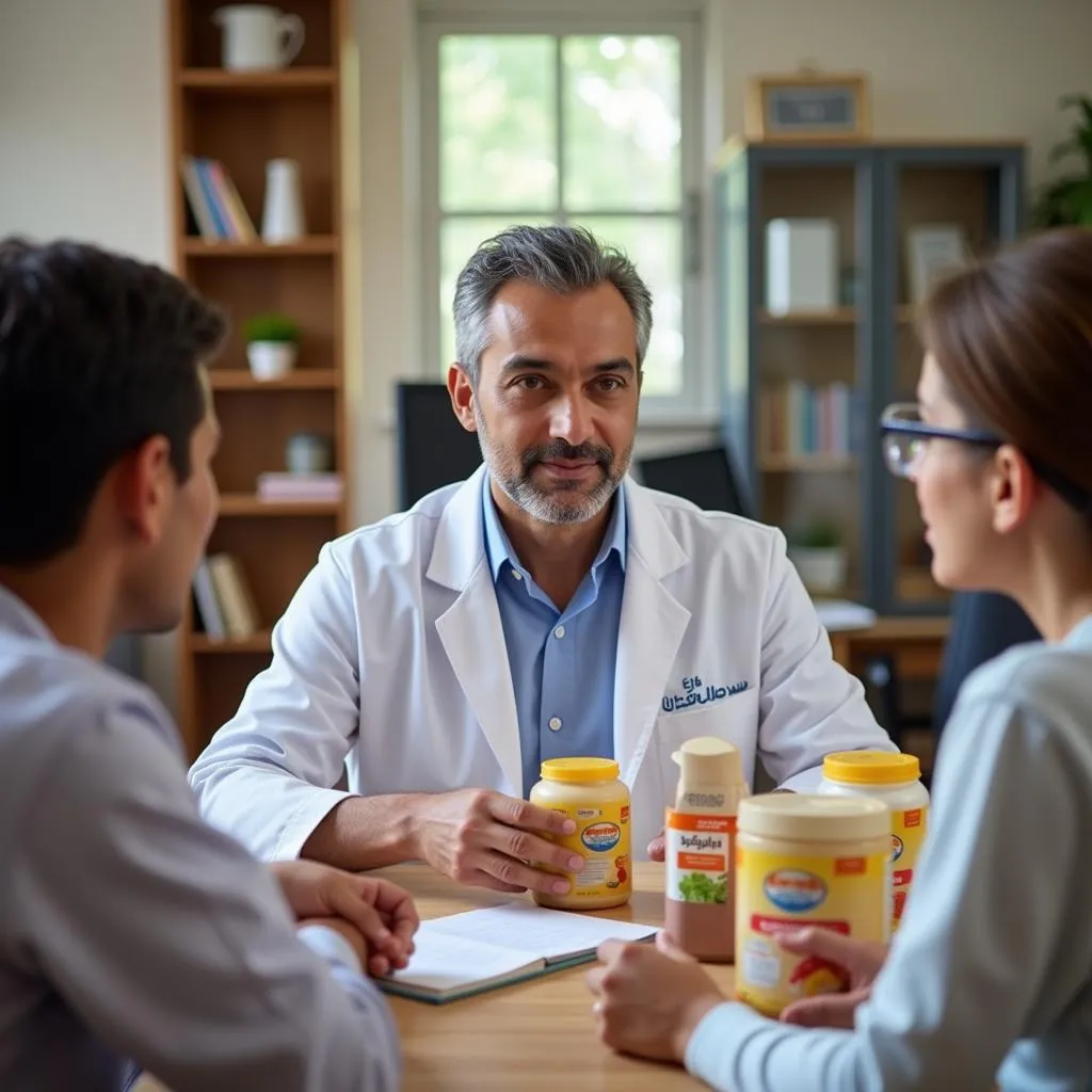 Pakistani Pediatrician Consulting with Parents about Infant Formula