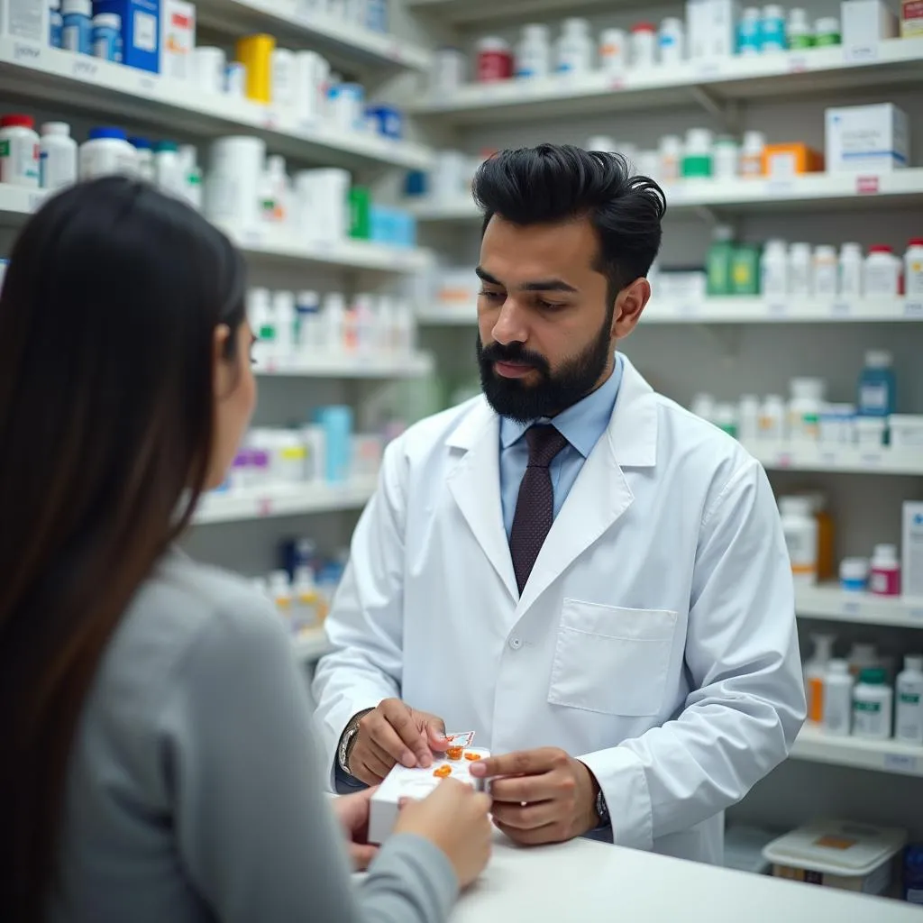 Pharmacist in Pakistan assisting customer