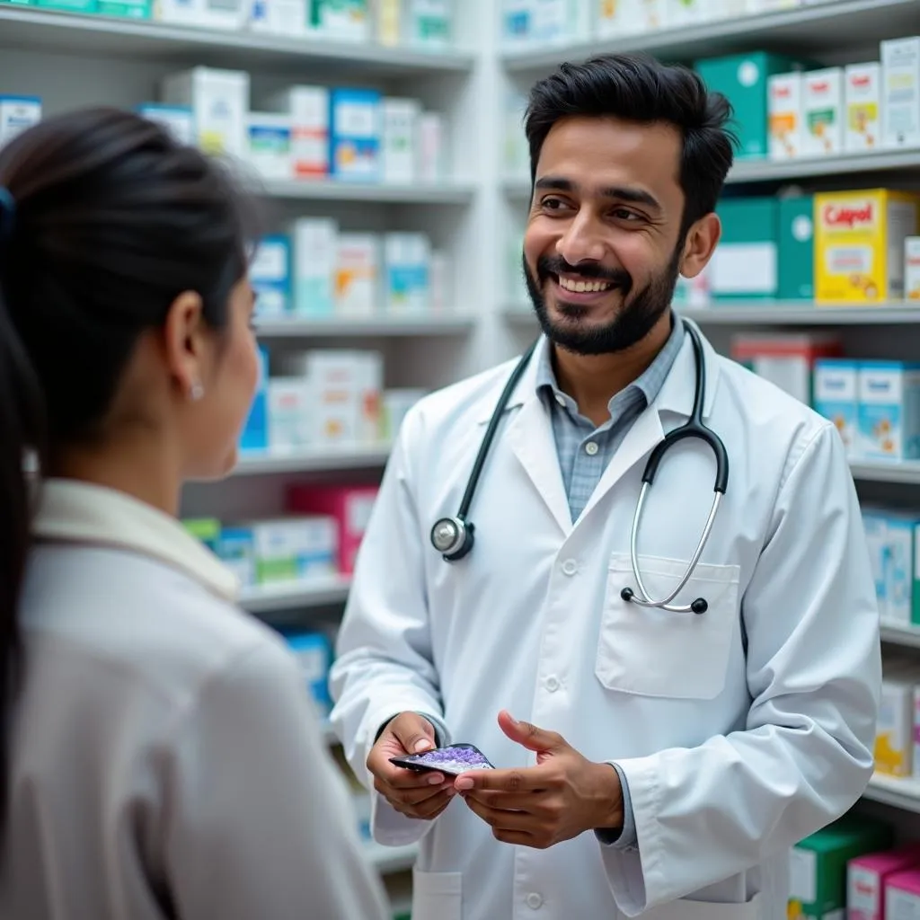 Pakistani Pharmacist Assisting Customer