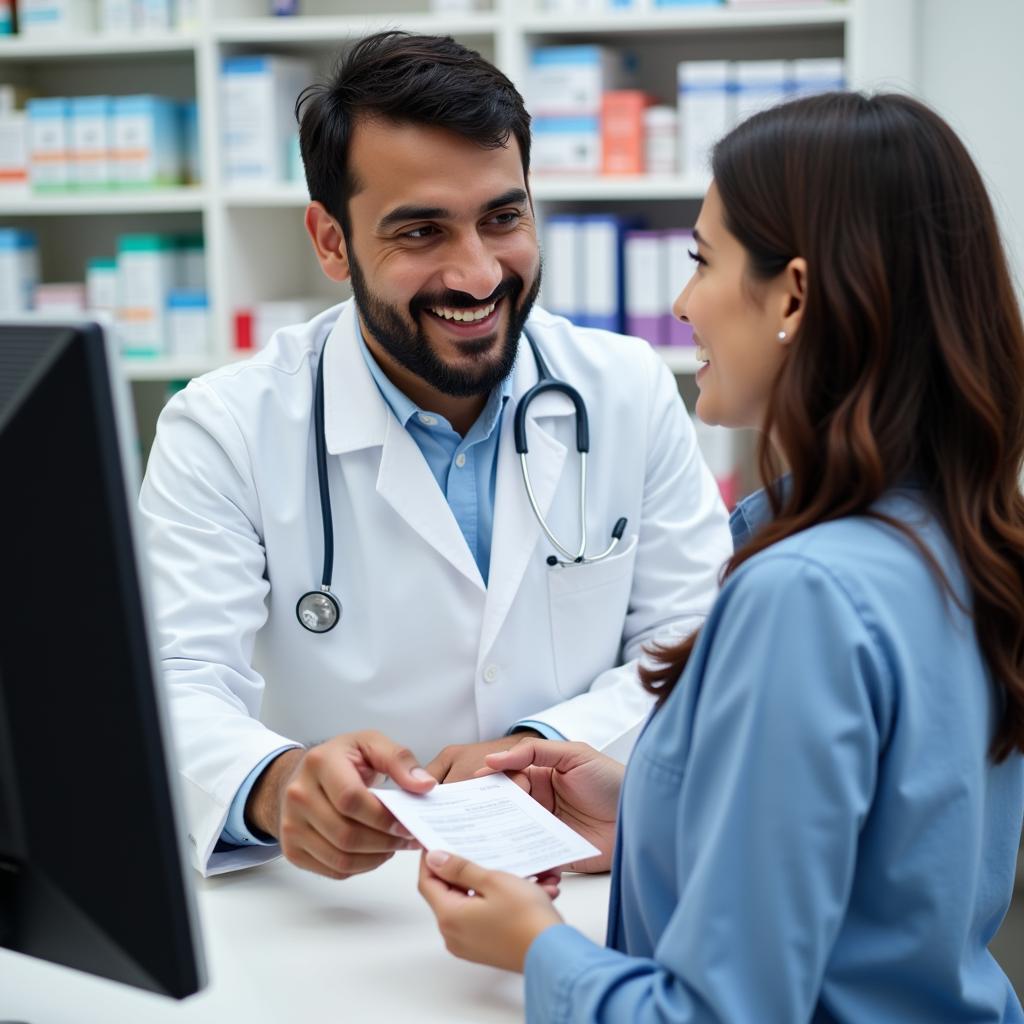 Pakistani Pharmacist Assisting Customer