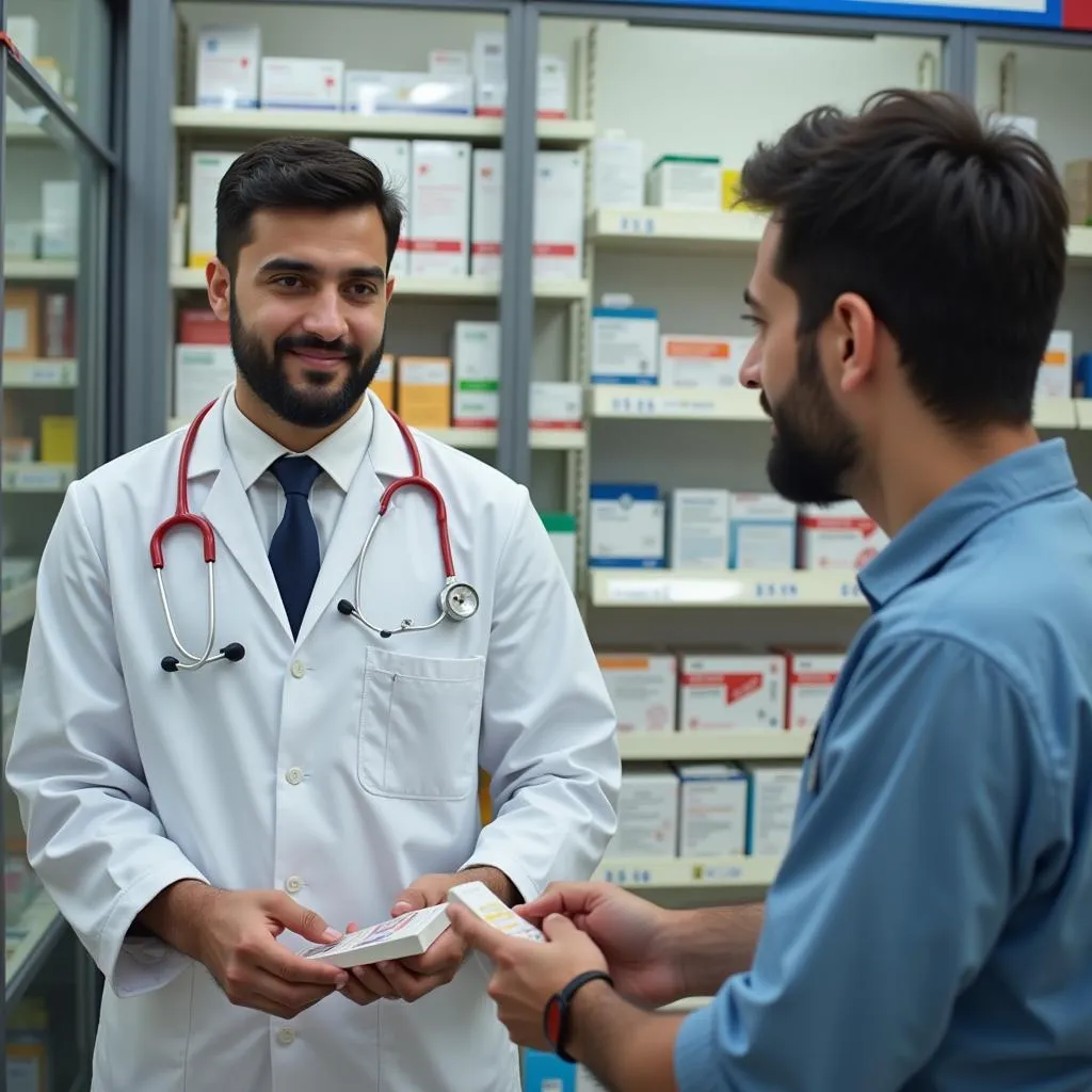 Pakistani pharmacist dispensing medication