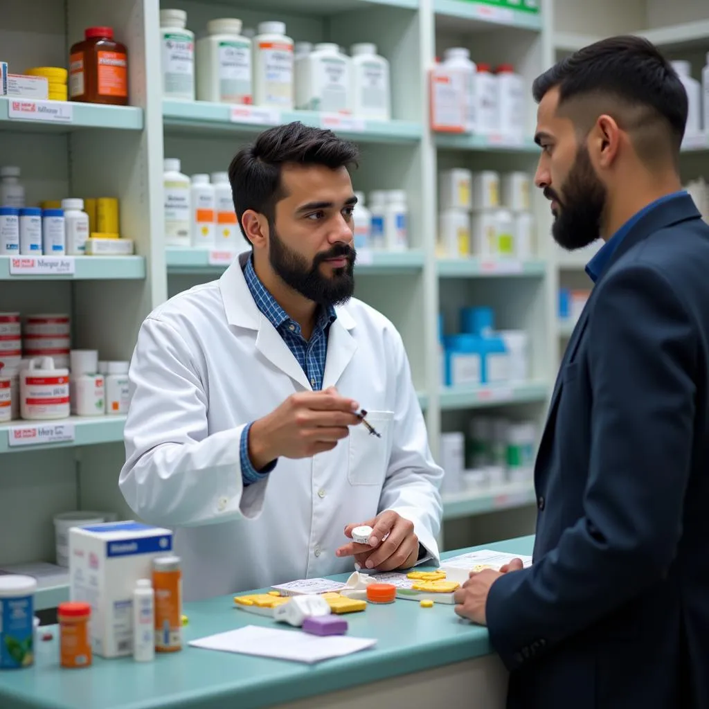 Pakistani pharmacist handing medication to a patient