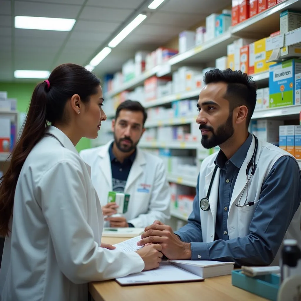 A pharmacist in Pakistan advising a customer about medication