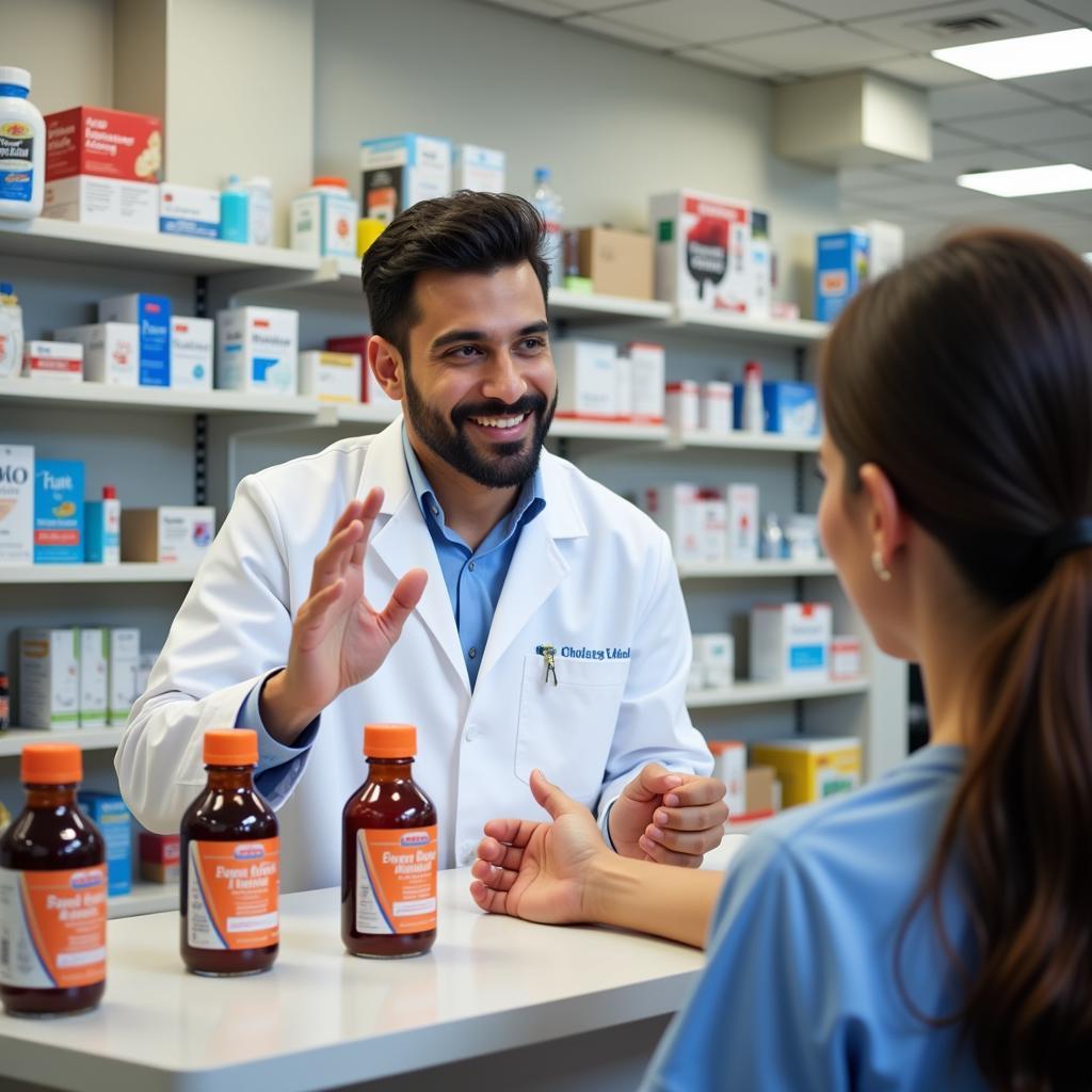 Pakistani Pharmacist Helping Customer Choose Sore Throat Syrup