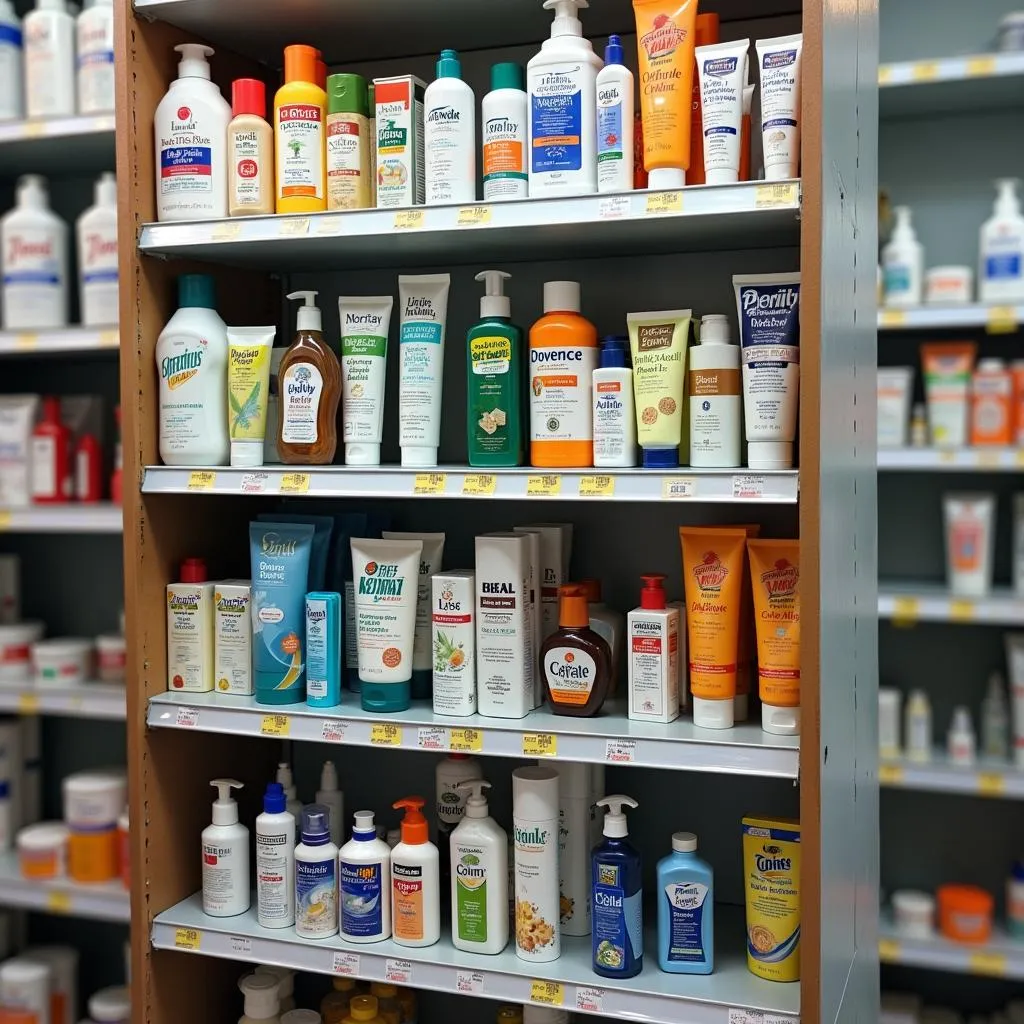 A well-stocked pharmacy shelf in Pakistan displaying a range of rashes creams